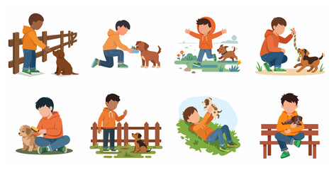 Fototapeta premium Set of flat vector illustrations of a boy interacting with his puppy, including feeding, playing, grooming, and cuddling, symbolizing pet care and friendship