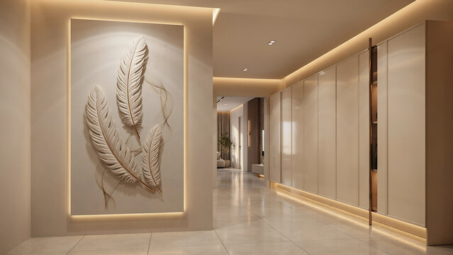 Modern luxury hallway interior with warm led lighting and a large textured botanical wall art relief led lights polished marble built in closets artistic feather wall sculpture real estate