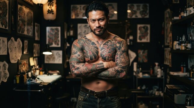 Asian male tattoo artist with full body traditional irezumi tattoos standing in studio