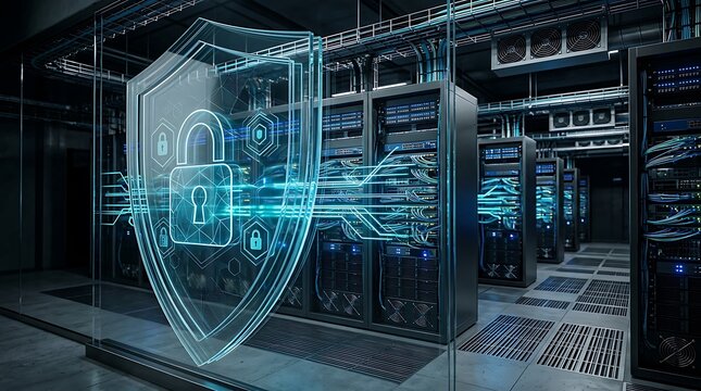 Digital security shield with glowing padlock icon protecting server room data center