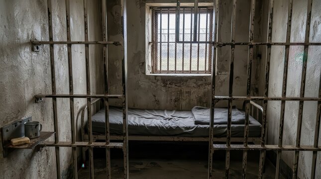 Dimly lit gloomy prison cell with iron bars and cot bed