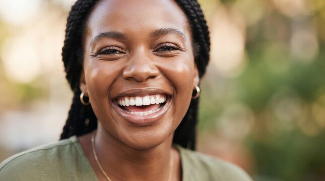 Close-up portrait of young Black woman smiling happily