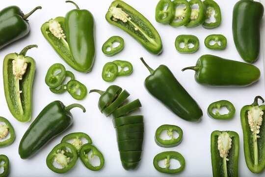 Green jalapeno peppers on white background, flat lay