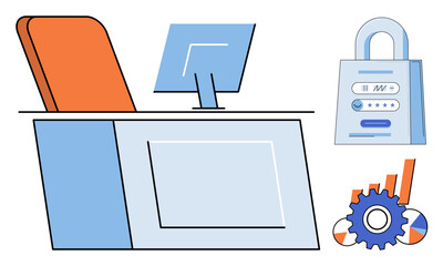 Office desk with computer and digital security icons vector illustration. Cybersecurity, data analysis, business management, information technology, office work, digital protection. Workplace © Dmytro