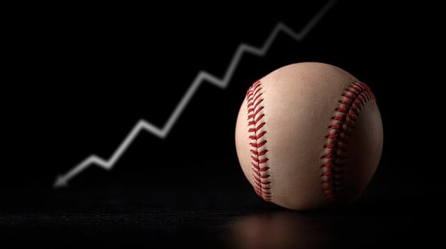 Baseball with upward growth trend graph against dark background