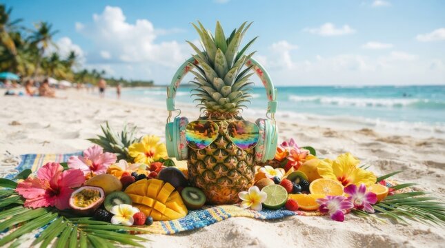 Pineapple wearing sunglasses and headphones on a tropical beach with fresh fruit