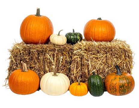 Colorful Pumpkins on Hay Bales Autumn Harvest Transparent PNG