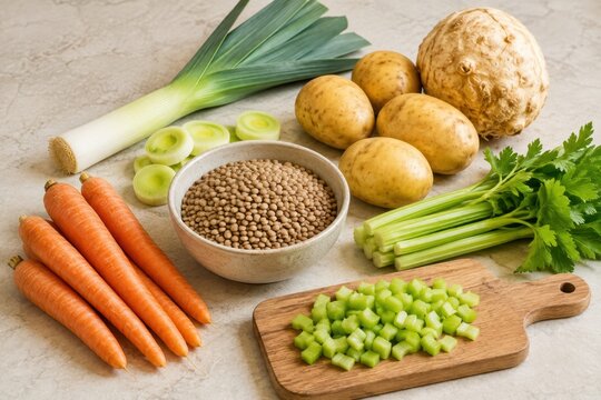 Fresh vegetables including carrots, leeks, potatoes, celery, and celeriac arranged on a kitchen countertop with lentils in a bowl and a wooden cutting board