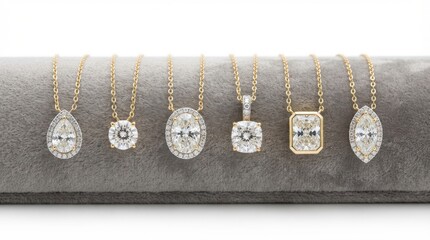 Fototapeta premium Selection of diamond necklaces with different stone cuts on display