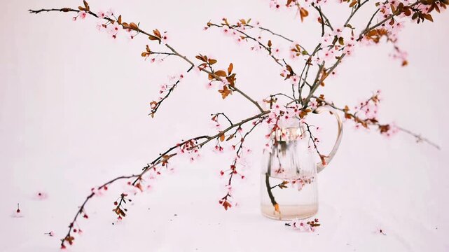 Soft pink flower petals blooming and gently drifting down to the surface, creating an atmosphere that is serene, elegant, and imbued with the essence of spring.