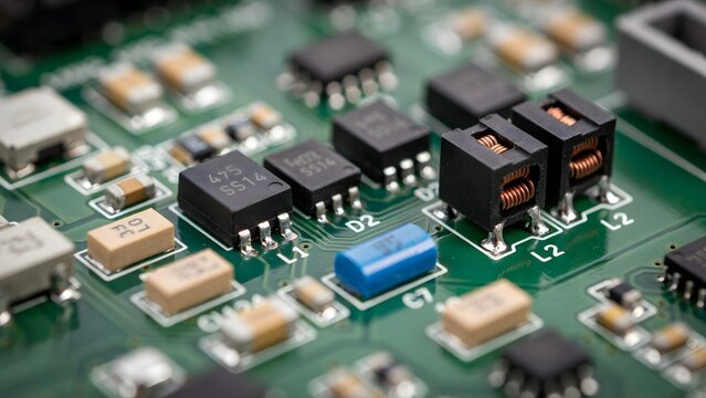Close-Up View of Electronic Circuit Board with Components and Chips