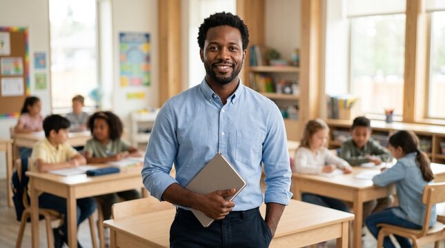 Portrait of a smiling African American male teacher holding a tablet in a classroom, while diverse elementary students work in groups in the background. Primary education concept