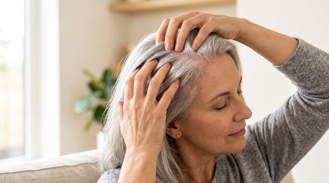 Attractive mature woman with grey hair massaging her scalp at home. Haircare, scalp treatment and healthy aging concept