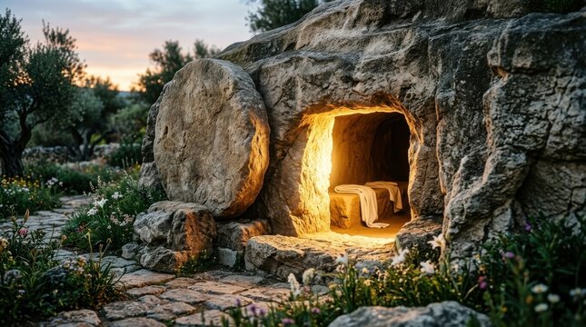 Empty tomb with rolled away stone and glowing light at sunrise