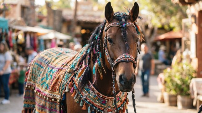 Decorated horse with colorful braids and traditional costume at outdoor market