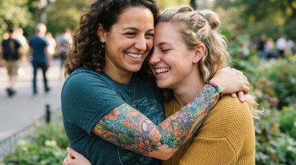 Fototapeta premium Two women hugging and smiling outdoors in a park