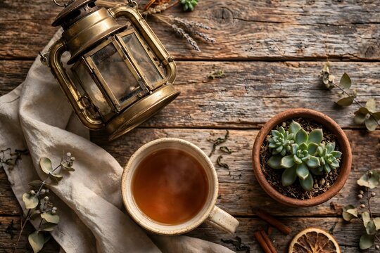 Tea Cup With Lantern And Succulent