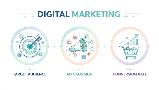 Business Infographic Template about Digital Marketing, 3 Steps Flat Line Art Vector Illustration