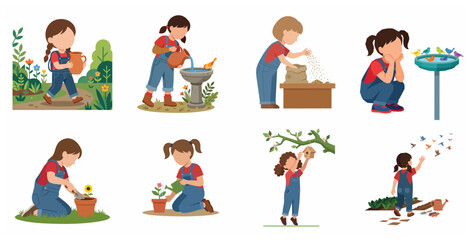 Fototapeta premium Little Girl Gardening and Caring for Nature Illustration Set - Kids Outdoor Activities including Planting, Watering, and Bird Watching