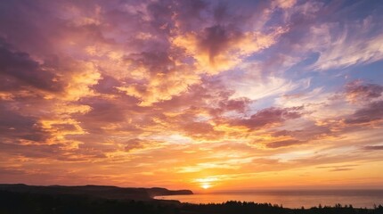 Obraz premium Vibrant sunset sky over calm ocean with coastal silhouette