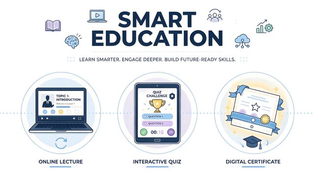 Business Infographic Template about Smart Education, 3 Steps Flat Line Art Vector Illustration