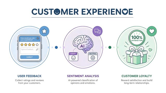 Business Infographic Template about Customer Experience, 3 Steps Flat Line Art Vector Illustration