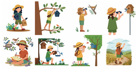 Fototapeta premium Birdwatching and Nature Exploration Vector Illustration Set Featuring a Young Girl Caring for Birds and Using Binoculars Outdoors