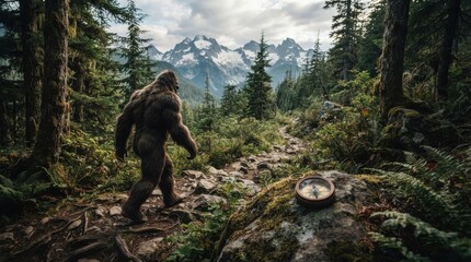 Naklejka premium Bigfoot walking in mountain forest with compass on rock