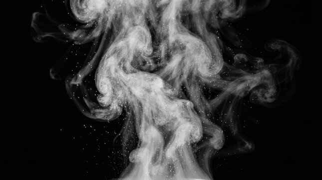 Abstract white smoke and dust particles swirling on dark background