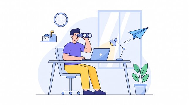 Professional searching for new opportunities using laptop and binoculars in modern office workspace environment with illustration professional sitting flat vector illustration search new business