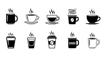 Obraz premium Set of black and white hot coffee or tea cups and mugs, collection of diverse cafe beverage icons including takeaway cups and espresso shots for menu design