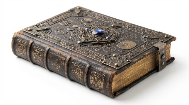 Ancient magic spellbook with ornate metal cover and gem