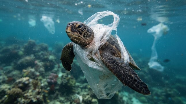 Sea turtle trapped in plastic bag swimming in polluted ocean