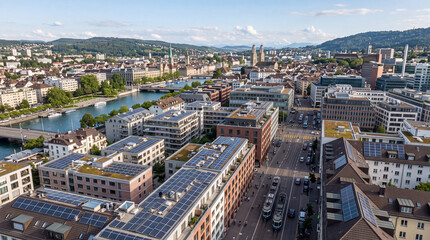Fototapeta premium Solar Panels on European City Rooftops, Renewable Energy