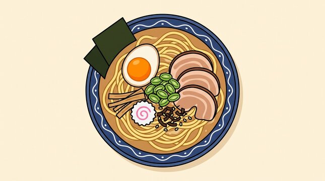 Top-View Japanese Ramen Bowl Illustration