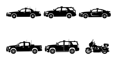 Police Vehicle Icons Set: Patrol Car, SUV, Sedan, Pickup Truck, Motorcycle, Law Enforcement Fleet Vector Collection © Priya