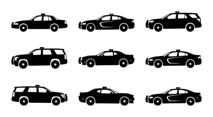 Police Car Icons, Law Enforcement Vehicle Silhouettes, Black Sedan and SUV Vector Set © Priya