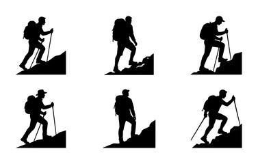 Naklejka premium Hiking Silhouette Set, Mountain Climber Icons, Outdoor Adventure Vector Graphics, Trekking People Collection