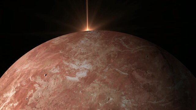Dwarf planet Makemake in deep space with glowing sun flare rising over the horizon.