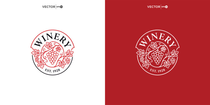 winery logo design vector illustration with wine glass and grape motifs