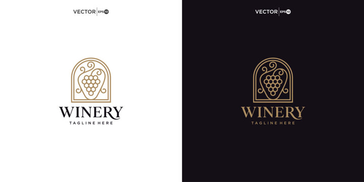 Vintage winery logo design featuring grapevine inside arch frame vector