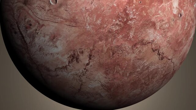 Dwarf planet Makemake rotating in deep space, cinematic view of a rocky celestial body.