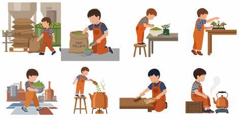 Fototapeta premium Little Boy Learning the Beer Brewing Process with Hops and Traditional Equipment Illustration Set