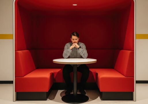 Man sitting alone at a table inside a modern red booth in a minimalist office or cafe setting