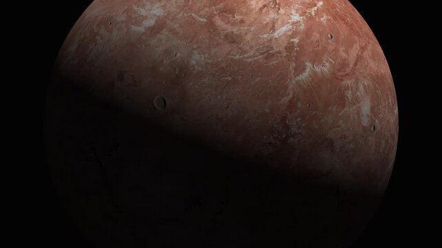 Dwarf planet Makemake rotating in deep space, cinematic cosmic view of a rocky celestial body.