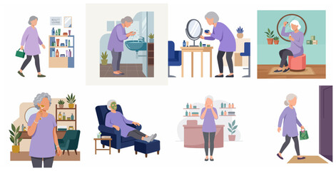 Fototapeta premium Set of senior woman beauty and skincare routine illustrations, elderly lady caring for face skin with mask, roller, and serum at home and spa
