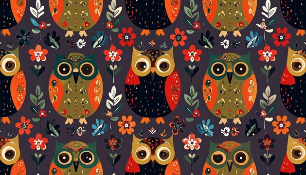 Cute Cartoon Owl Batik Pattern with Floral and Leaf Motifs