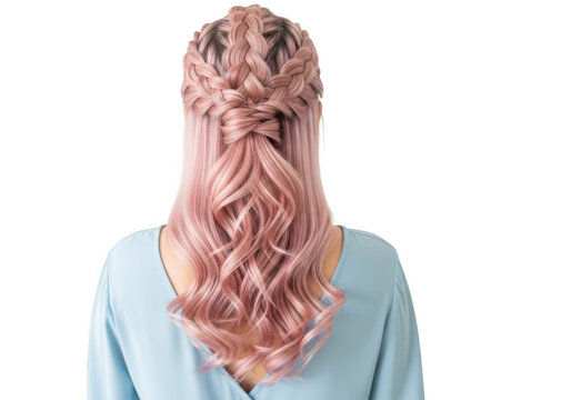 Rose gold braided hairstyle, elegant pink hair with intricate braids and curls, feminine pastel hair color on white background