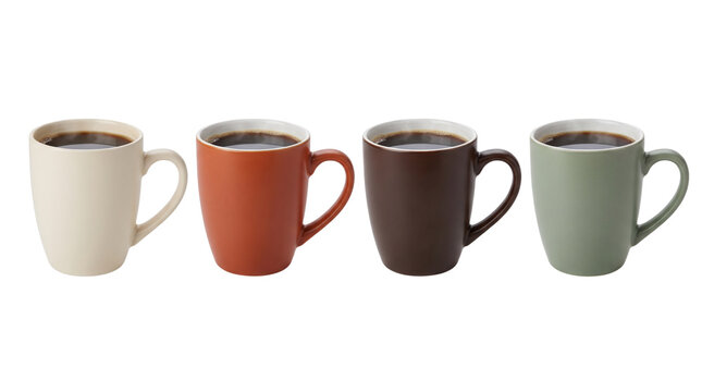 four colored coffee mugs isolated on transparent background png
