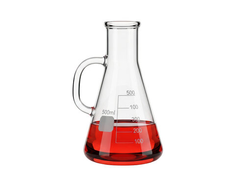 Laboratory Erlenmeyer flask with red liquid, glass conical flask with handle and measurement scale, scientific chemistry glassware